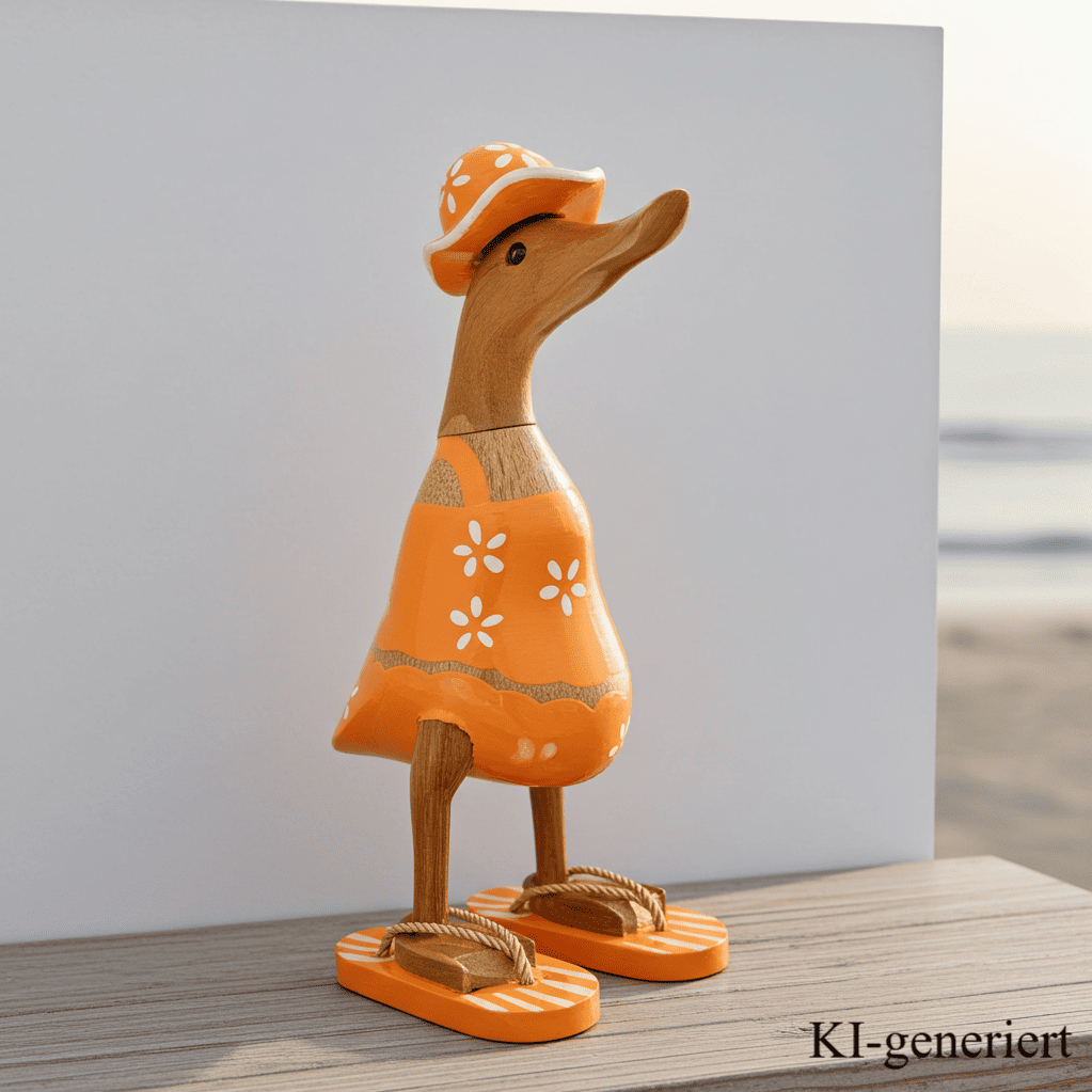 Ente aus Bambus im orangen Blümchen Kleid, mit Flip Flops und Sonnenhut - Höhe ca. 25 cm. Wunderschöne Deko aus Bambuswurzel. Jedes Teil handgefertigt und ein Unikat. Ein Hingucker für Drinnen und Draußen. Das Bild ist KI-generiert