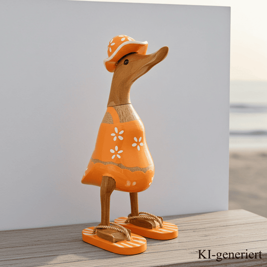 Ente aus Bambus im orangen Blümchen Kleid, mit Flip Flops und Sonnenhut - Höhe ca. 25 cm. Wunderschöne Deko aus Bambuswurzel. Jedes Teil handgefertigt und ein Unikat. Ein Hingucker für Drinnen und Draußen. Das Bild ist KI-generiert