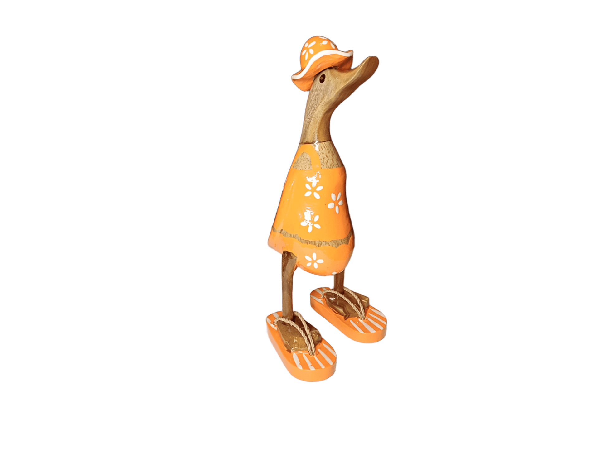 Ente aus Bambus im orangen Blümchen Kleid, mit Flip Flops und Sonnenhut - Höhe ca. 25 cm. Wunderschöne Deko aus Bambuswurzel. Jedes Teil handgefertigt und ein Unikat. Ein Hingucker für Drinnen und Draußen. 