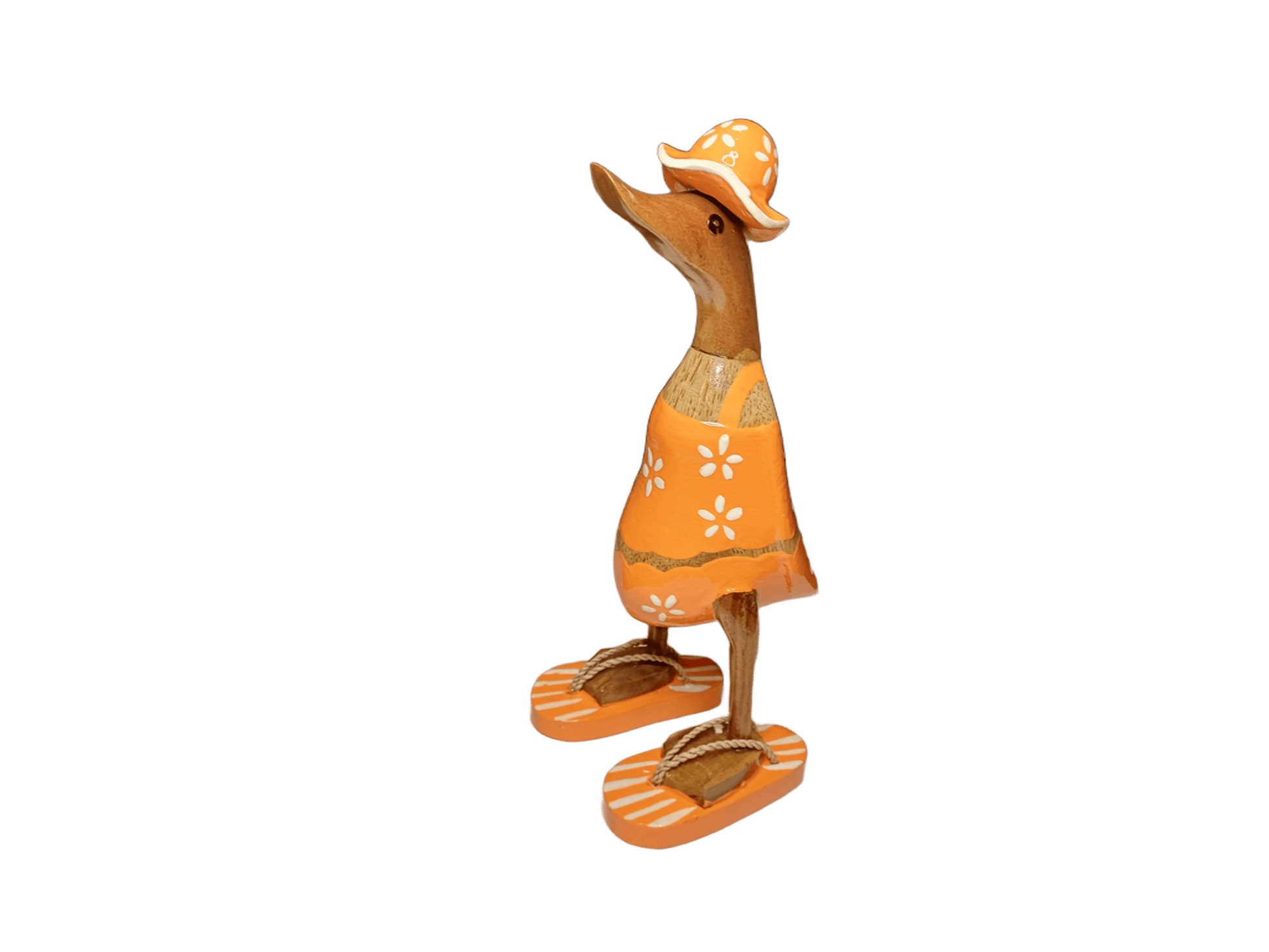 Ente aus Bambus im orangen Blümchen Kleid, mit Flip Flops und Sonnenhut - Höhe ca. 25 cm. Wunderschöne Deko aus Bambuswurzel. Jedes Teil handgefertigt und ein Unikat. Ein Hingucker für Drinnen und Draußen. 