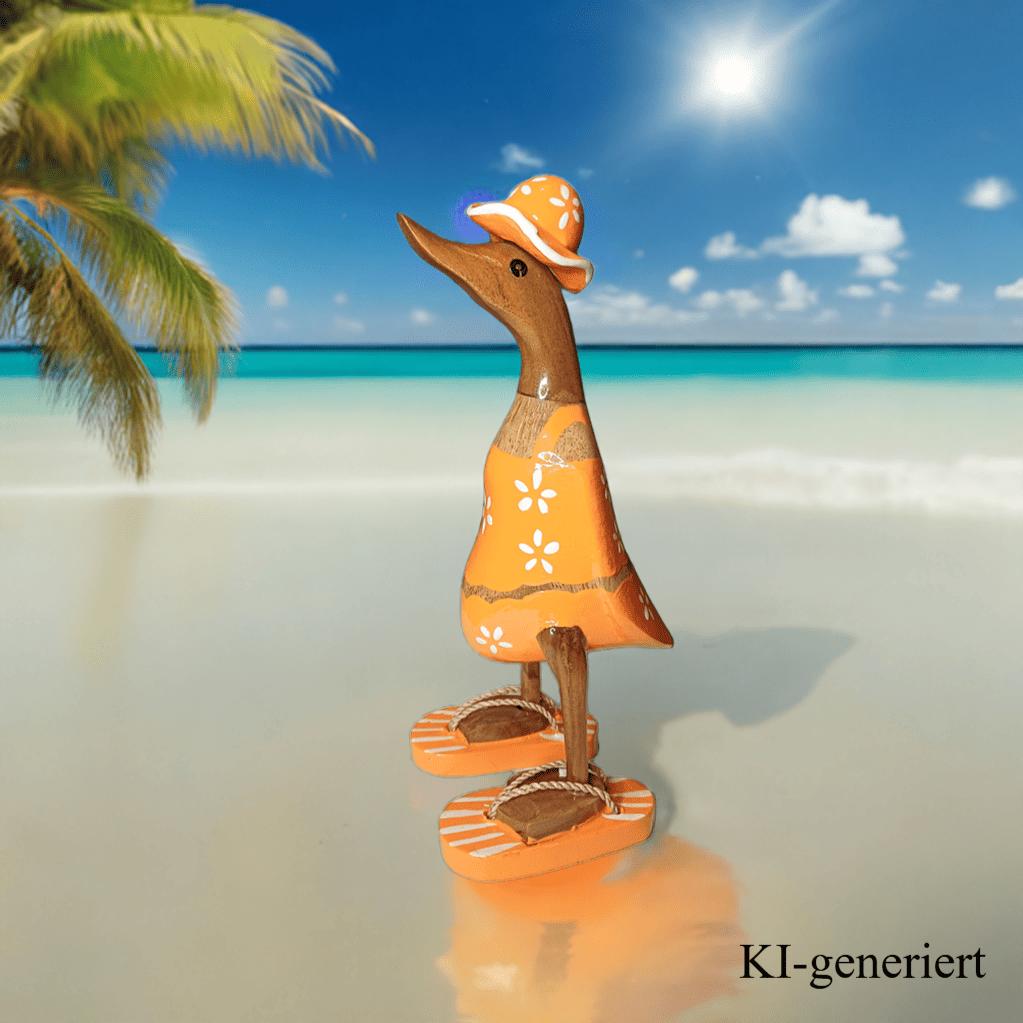Ente aus Bambus im orangen Blümchen Kleid, mit Flip Flops und Sonnenhut - Höhe ca. 25 cm. Wunderschöne Deko aus Bambuswurzel. Jedes Teil handgefertigt und ein Unikat. Ein Hingucker für Drinnen und Draußen. Das Bild ist KI-generiert
