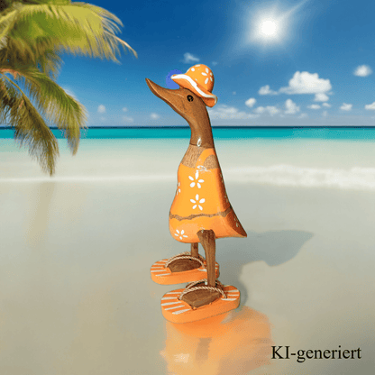 Ente aus Bambus im orangen Blümchen Kleid, mit Flip Flops und Sonnenhut - Höhe ca. 25 cm. Wunderschöne Deko aus Bambuswurzel. Jedes Teil handgefertigt und ein Unikat. Ein Hingucker für Drinnen und Draußen. Das Bild ist KI-generiert