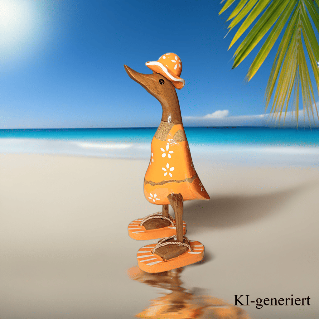 Ente aus Bambus im orangen Blümchen Kleid, mit Flip Flops und Sonnenhut - Höhe ca. 25 cm. Wunderschöne Deko aus Bambuswurzel. Jedes Teil handgefertigt und ein Unikat. Ein Hingucker für Drinnen und Draußen. Das Bild ist KI-generiert