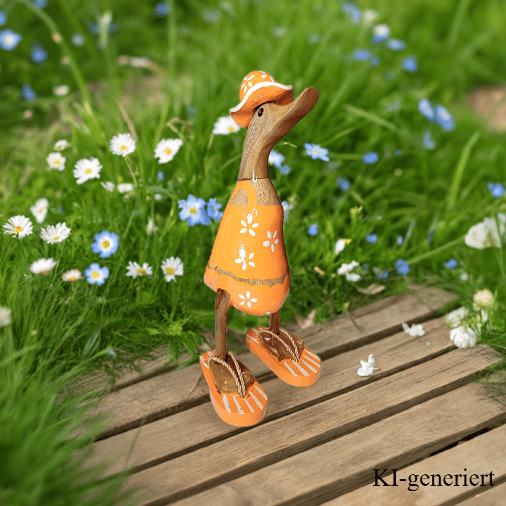 Ente aus Bambus im orangen Blümchen Kleid, mit Flip Flops und Sonnenhut - Höhe ca. 25 cm. Wunderschöne Deko aus Bambuswurzel. Jedes Teil handgefertigt und ein Unikat. Ein Hingucker für Drinnen und Draußen. Das Bild ist KI-generiert