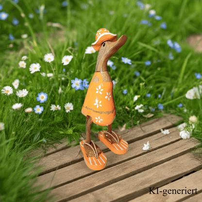 Ente aus Bambus im orangen Blümchen Kleid, mit Flip Flops und Sonnenhut - Höhe ca. 25 cm. Wunderschöne Deko aus Bambuswurzel. Jedes Teil handgefertigt und ein Unikat. Ein Hingucker für Drinnen und Draußen. Das Bild ist KI-generiert
