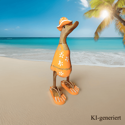 Ente aus Bambus im orangen Blümchen Kleid, mit Flip Flops und Sonnenhut - Höhe ca. 25 cm. Wunderschöne Deko aus Bambuswurzel. Jedes Teil handgefertigt und ein Unikat. Ein Hingucker für Drinnen und Draußen. Das Bild ist KI-generiert
