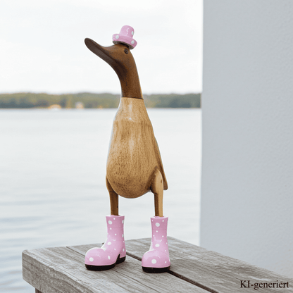Holz Ente mit Hut und Stiefeln in rosa - Höhe ca. 40 cm. Jedes Teil handgefertigt und ein Unikat. Die Bambusenten sind ein Deko Hingucker für Drinnen und Draußen. Zudem stehen die Enten aus Bambus für Familie, Treue & Liebe und Holz für Wachstum. So macht es sie dadurch auch zu einem bedeutungsvollen Geschenk für einen lieben Menschen.
Maße: H ca. 40 cm
Material: Bambus, Holz
Farbe: natur / rosa
Ursprung: Indonesien