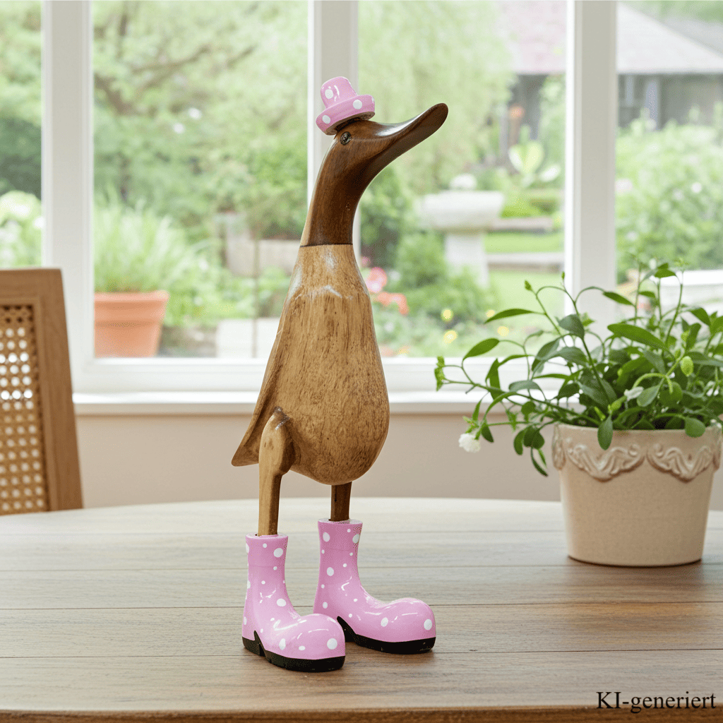 Holz Ente mit Hut und Stiefeln in rosa - Höhe ca. 40 cm. Jedes Teil handgefertigt und ein Unikat. Die Bambusenten sind ein Deko Hingucker für Drinnen und Draußen. Zudem stehen die Enten aus Bambus für Familie, Treue & Liebe und Holz für Wachstum. So macht es sie dadurch auch zu einem bedeutungsvollen Geschenk für einen lieben Menschen.
Maße: H ca. 40 cm
Material: Bambus, Holz
Farbe: natur / rosa
Ursprung: Indonesien