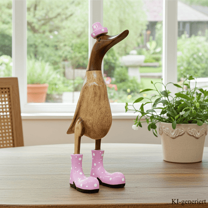 Holz Ente mit Hut und Stiefeln in rosa - Höhe ca. 40 cm. Jedes Teil handgefertigt und ein Unikat. Die Bambusenten sind ein Deko Hingucker für Drinnen und Draußen. Zudem stehen die Enten aus Bambus für Familie, Treue & Liebe und Holz für Wachstum. So macht es sie dadurch auch zu einem bedeutungsvollen Geschenk für einen lieben Menschen.
Maße: H ca. 40 cm
Material: Bambus, Holz
Farbe: natur / rosa
Ursprung: Indonesien