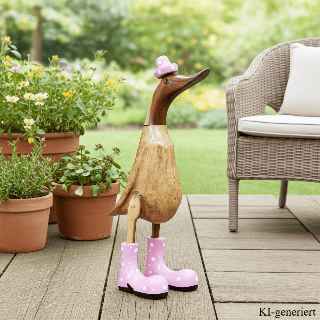 Holz Ente mit Hut und Stiefeln in rosa - Höhe ca. 40 cm. Jedes Teil handgefertigt und ein Unikat. Die Bambusenten sind ein Deko Hingucker für Drinnen und Draußen. Zudem stehen die Enten aus Bambus für Familie, Treue & Liebe und Holz für Wachstum. So macht es sie dadurch auch zu einem bedeutungsvollen Geschenk für einen lieben Menschen.
Maße: H ca. 40 cm
Material: Bambus, Holz
Farbe: natur / rosa
Ursprung: Indonesien
