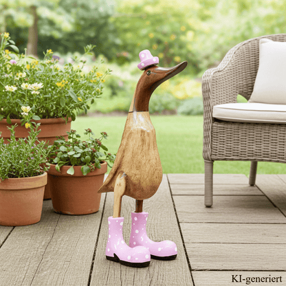 Holz Ente mit Hut und Stiefeln in rosa - Höhe ca. 40 cm. Jedes Teil handgefertigt und ein Unikat. Die Bambusenten sind ein Deko Hingucker für Drinnen und Draußen. Zudem stehen die Enten aus Bambus für Familie, Treue & Liebe und Holz für Wachstum. So macht es sie dadurch auch zu einem bedeutungsvollen Geschenk für einen lieben Menschen.
Maße: H ca. 40 cm
Material: Bambus, Holz
Farbe: natur / rosa
Ursprung: Indonesien