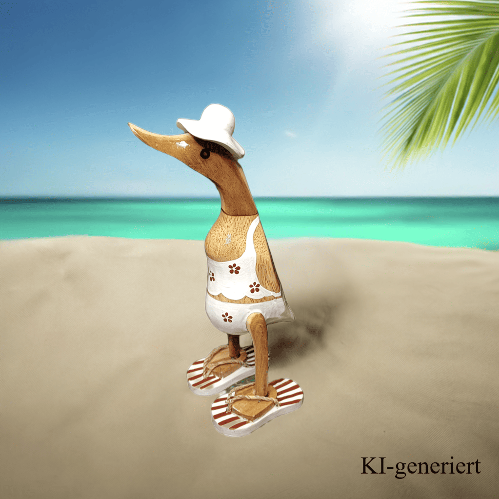 Bambusente im weißen Blümchen Kleid, mit Flip Flops und Sonnenhut - Höhe ca. 25 cm.
Wunderschöne Deko aus Bambuswurzel. Jedes Teil handgefertigt und ein Unikat. Ein Hingucker für Drinnen und Draußen.
Zudem stehen die Enten aus Bambus für Familie, Treue & Liebe und Holz für Wachstum. So macht es sie dadurch auch zu einem bedeutungsvollen Geschenk für einen lieben Menschen.