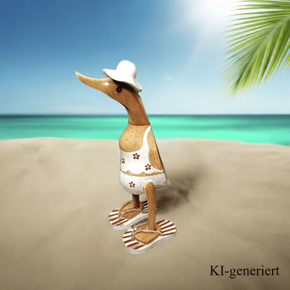 Bambusente im weißen Blümchen Kleid, mit Flip Flops und Sonnenhut - Höhe ca. 25 cm.
Wunderschöne Deko aus Bambuswurzel. Jedes Teil handgefertigt und ein Unikat. Ein Hingucker für Drinnen und Draußen.
Zudem stehen die Enten aus Bambus für Familie, Treue & Liebe und Holz für Wachstum. So macht es sie dadurch auch zu einem bedeutungsvollen Geschenk für einen lieben Menschen.