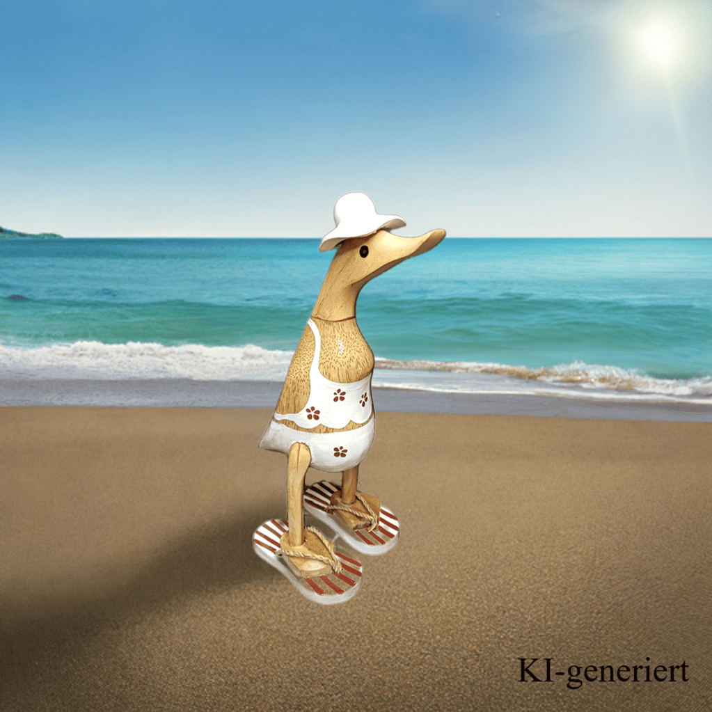 Bambusente im weißen Blümchen Kleid, mit Flip Flops und Sonnenhut - Höhe ca. 25 cm.
Wunderschöne Deko aus Bambuswurzel. Jedes Teil handgefertigt und ein Unikat. Ein Hingucker für Drinnen und Draußen.
Zudem stehen die Enten aus Bambus für Familie, Treue & Liebe und Holz für Wachstum. So macht es sie dadurch auch zu einem bedeutungsvollen Geschenk für einen lieben Menschen.