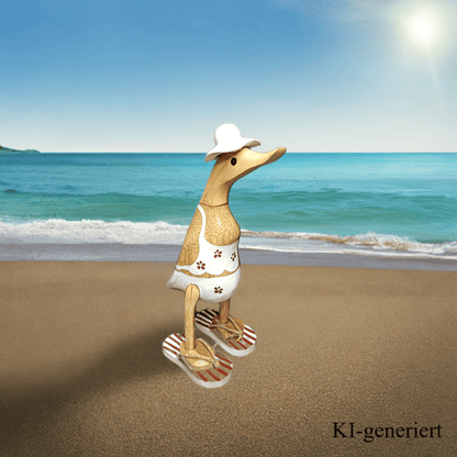 Bambusente im weißen Blümchen Kleid, mit Flip Flops und Sonnenhut - Höhe ca. 25 cm.
Wunderschöne Deko aus Bambuswurzel. Jedes Teil handgefertigt und ein Unikat. Ein Hingucker für Drinnen und Draußen.
Zudem stehen die Enten aus Bambus für Familie, Treue & Liebe und Holz für Wachstum. So macht es sie dadurch auch zu einem bedeutungsvollen Geschenk für einen lieben Menschen.