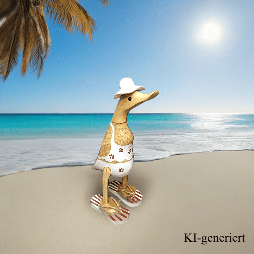 Bambusente im weißen Blümchen Kleid, mit Flip Flops und Sonnenhut - Höhe ca. 25 cm.
Wunderschöne Deko aus Bambuswurzel. Jedes Teil handgefertigt und ein Unikat. Ein Hingucker für Drinnen und Draußen.
Zudem stehen die Enten aus Bambus für Familie, Treue & Liebe und Holz für Wachstum. So macht es sie dadurch auch zu einem bedeutungsvollen Geschenk für einen lieben Menschen.