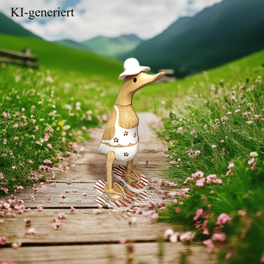 Bambusente im weißen Blümchen Kleid, mit Flip Flops und Sonnenhut - Höhe ca. 25 cm.
Wunderschöne Deko aus Bambuswurzel. Jedes Teil handgefertigt und ein Unikat. Ein Hingucker für Drinnen und Draußen.
Zudem stehen die Enten aus Bambus für Familie, Treue & Liebe und Holz für Wachstum. So macht es sie dadurch auch zu einem bedeutungsvollen Geschenk für einen lieben Menschen.