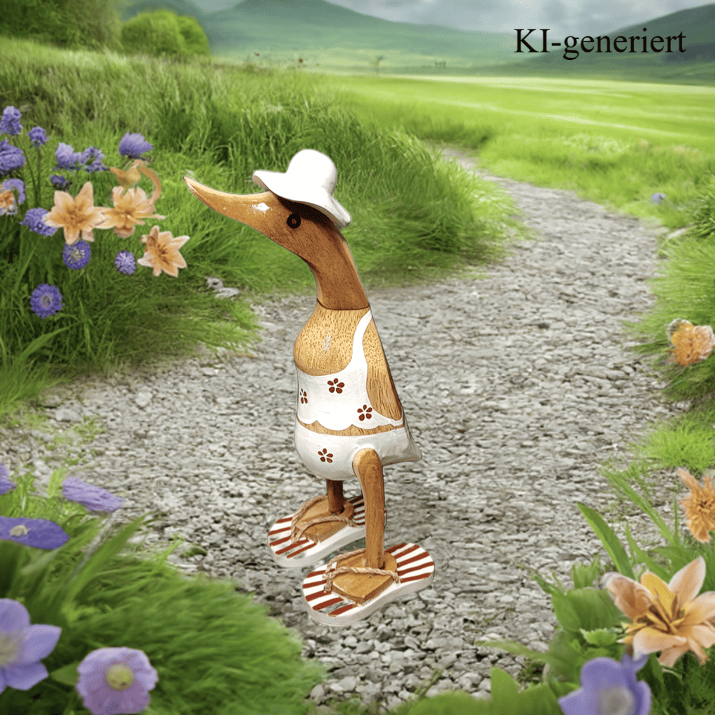 Bambusente im weißen Blümchen Kleid, mit Flip Flops und Sonnenhut - Höhe ca. 25 cm.
Wunderschöne Deko aus Bambuswurzel. Jedes Teil handgefertigt und ein Unikat. Ein Hingucker für Drinnen und Draußen.
Zudem stehen die Enten aus Bambus für Familie, Treue & Liebe und Holz für Wachstum. So macht es sie dadurch auch zu einem bedeutungsvollen Geschenk für einen lieben Menschen.