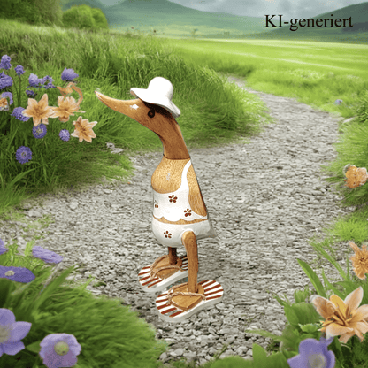 Bambusente im weißen Blümchen Kleid, mit Flip Flops und Sonnenhut - Höhe ca. 25 cm.
Wunderschöne Deko aus Bambuswurzel. Jedes Teil handgefertigt und ein Unikat. Ein Hingucker für Drinnen und Draußen.
Zudem stehen die Enten aus Bambus für Familie, Treue & Liebe und Holz für Wachstum. So macht es sie dadurch auch zu einem bedeutungsvollen Geschenk für einen lieben Menschen.