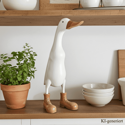 Ente aus Bambus in weiß mit braunen Stiefeln, braunem Schnabel mit einer Höhe von ca 40 cm.Jedes Teil handgefertigt und ein Unikat. Ein Deko Hingucker für Drinnen und Draußen.
Zudem stehen die Enten aus Bambus für Familie, Treue & Liebe und Holz für Wachstum. So macht es sie dadurch auch zu einem bedeutungsvollen Geschenk für einen lieben Menschen.
Ente mit Stiefeln / weiß - braun
Farbe: weiß / braun
Material: Bambus, Holz
Maße: Höhe ca 40 cm
Ursprung: Indonesien