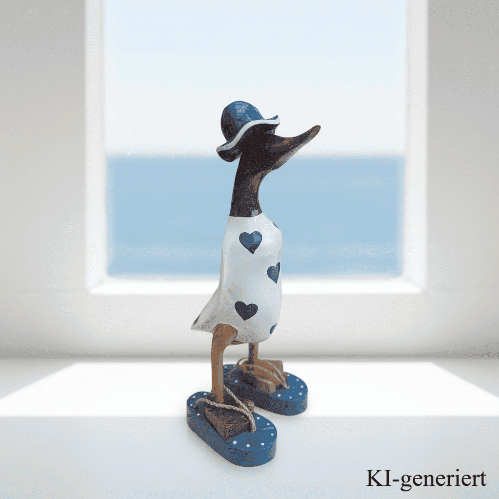 Ente aus Bambus - mit blauen Herzen, blauen Flip Flops und Sonnenhut und einer Höhe von 25 cm. Wunderschöne Deko aus Bambuswurzel. Jedes Teil handgefertigt und ein Unikat. Ein Hingucker für Drinnen und Draußen. 
Ente mit Sonnenhut und Flip Flops in weiß u. blau - Farbe: natur / weiß / blau - Material: Bambus - Maße: Höhe 25 cm - Ursprung: Indonesien. Das Bild ist KI-generiert