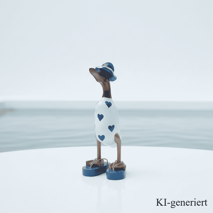 Ente aus Bambus - mit blauen Herzen, blauen Flip Flops und Sonnenhut und einer Höhe von 25 cm. Wunderschöne Deko aus Bambuswurzel. Jedes Teil handgefertigt und ein Unikat. Ein Hingucker für Drinnen und Draußen. 
Ente mit Sonnenhut und Flip Flops in weiß u. blau - Farbe: natur / weiß / blau - Material: Bambus - Maße: Höhe 25 cm - Ursprung: Indonesien. Das Bild ist KI-generiert