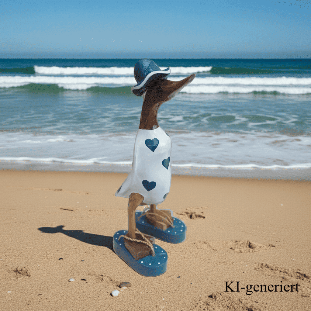 Ente aus Bambus - mit blauen Herzen, blauen Flip Flops und Sonnenhut und einer Höhe von 25 cm. Wunderschöne Deko aus Bambuswurzel. Jedes Teil handgefertigt und ein Unikat. Ein Hingucker für Drinnen und Draußen. 
Ente mit Sonnenhut und Flip Flops in weiß u. blau - Farbe: natur / weiß / blau - Material: Bambus - Maße: Höhe 25 cm - Ursprung: Indonesien. Das Bild ist KI-generiert