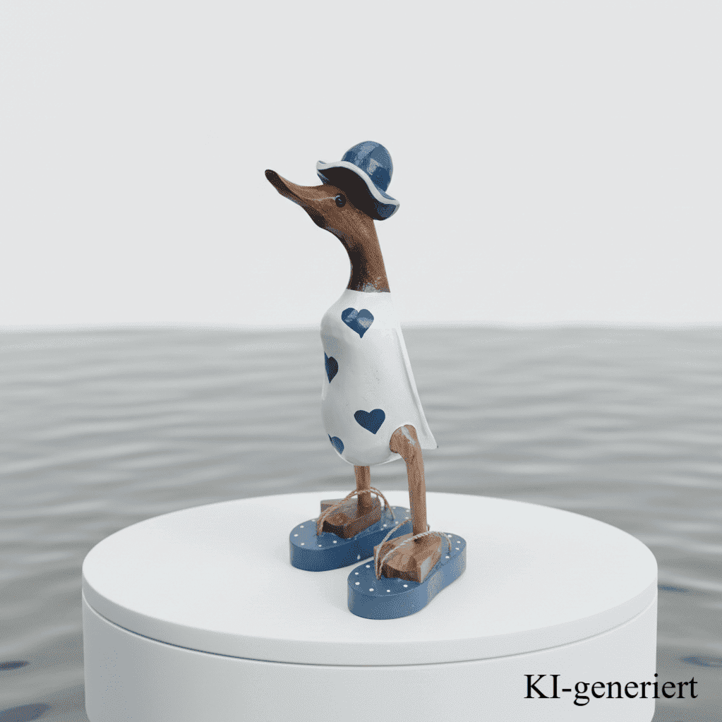Ente aus Bambus - mit blauen Herzen, blauen Flip Flops und Sonnenhut und einer Höhe von 25 cm. Wunderschöne Deko aus Bambuswurzel. Jedes Teil handgefertigt und ein Unikat. Ein Hingucker für Drinnen und Draußen. 
Ente mit Sonnenhut und Flip Flops in weiß u. blau - Farbe: natur / weiß / blau - Material: Bambus - Maße: Höhe 25 cm - Ursprung: Indonesien. Das Bild ist KI-generiert