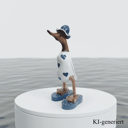 Ente aus Bambus - mit blauen Herzen, blauen Flip Flops und Sonnenhut und einer Höhe von 25 cm. Wunderschöne Deko aus Bambuswurzel. Jedes Teil handgefertigt und ein Unikat. Ein Hingucker für Drinnen und Draußen. 
Ente mit Sonnenhut und Flip Flops in weiß u. blau - Farbe: natur / weiß / blau - Material: Bambus - Maße: Höhe 25 cm - Ursprung: Indonesien. Das Bild ist KI-generiert