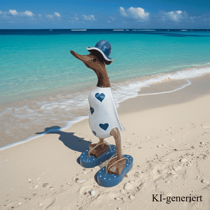 Ente aus Bambus - mit blauen Herzen, blauen Flip Flops und Sonnenhut und einer Höhe von 25 cm. Wunderschöne Deko aus Bambuswurzel. Jedes Teil handgefertigt und ein Unikat. Ein Hingucker für Drinnen und Draußen. 
Ente mit Sonnenhut und Flip Flops in weiß u. blau - Farbe: natur / weiß / blau - Material: Bambus - Maße: Höhe 25 cm - Ursprung: Indonesien. Das Bild ist KI-generiert