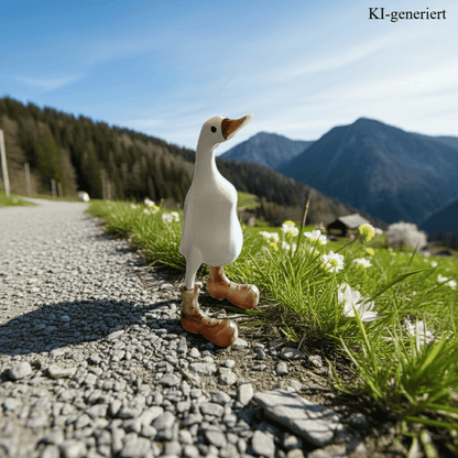 Ente aus Bambus in weiß mit braunen Stiefeln, braunem Schnabel mit einer Höhe von ca 25 cm. Wunderschöne Deko aus Bambuswurzel. Jedes Teil handgefertigt und ein Unikat. Ein Hingucker für Drinnen und Draußen. Das Bild ist KI-generiert