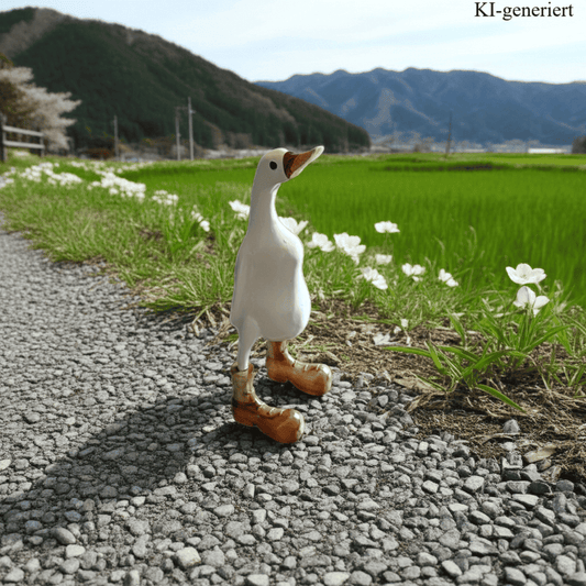 Ente aus Bambus in weiß mit braunen Stiefeln, braunem Schnabel mit einer Höhe von ca 25 cm. Wunderschöne Deko aus Bambuswurzel. Jedes Teil handgefertigt und ein Unikat. Ein Hingucker für Drinnen und Draußen. Das Bild ist KI-generiert