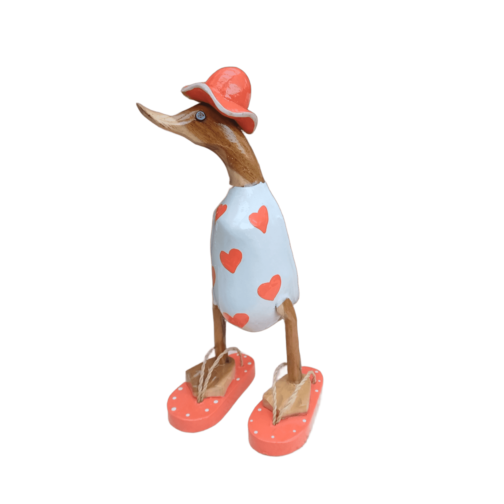 Ente aus Bambus - mit orangen Herzen, orangen Flip Flops und Sonnenhut und einer Höhe von 25 cm. Wunderschöne Deko aus Bambuswurzel. Jedes Teil handgefertigt und ein Unikat. Ein Hingucker für Drinnen und Draußen. 
Ente mit Sonnenhut und Flip Flops in weiß u. orange - Farbe: natur / weiß / orange - Material: Bambus - Maße: Höhe 25 cm. Ursprung: Indonesien. 
