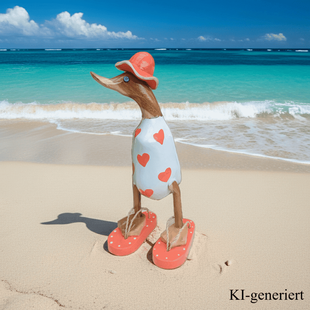 Ente aus Bambus - mit orangen Herzen, orangen Flip Flops und Sonnenhut und einer Höhe von 25 cm. Wunderschöne Deko aus Bambuswurzel. Jedes Teil handgefertigt und ein Unikat. Ein Hingucker für Drinnen und Draußen. 
Ente mit Sonnenhut und Flip Flops in weiß u. orange - Farbe: natur / weiß / orange - Material: Bambus - Maße: Höhe 25 cm. Ursprung: Indonesien. Das Bild ist KI-generiert.