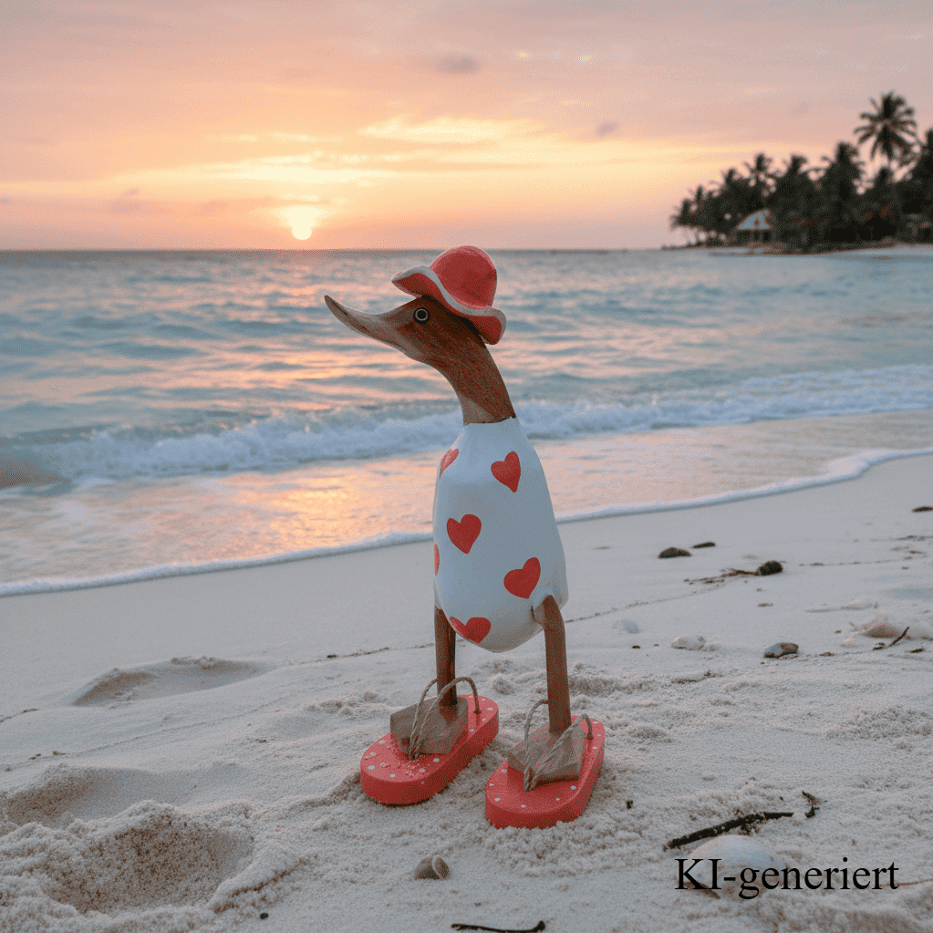 Ente aus Bambus - mit orangen Herzen, orangen Flip Flops und Sonnenhut und einer Höhe von 25 cm. Wunderschöne Deko aus Bambuswurzel. Jedes Teil handgefertigt und ein Unikat. Ein Hingucker für Drinnen und Draußen. 
Ente mit Sonnenhut und Flip Flops in weiß u. orange - Farbe: natur / weiß / orange - Material: Bambus - Maße: Höhe 25 cm. Ursprung: Indonesien. Das Bild ist KI-generiert.