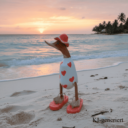 Ente aus Bambus - mit orangen Herzen, orangen Flip Flops und Sonnenhut und einer Höhe von 25 cm. Wunderschöne Deko aus Bambuswurzel. Jedes Teil handgefertigt und ein Unikat. Ein Hingucker für Drinnen und Draußen. 
Ente mit Sonnenhut und Flip Flops in weiß u. orange - Farbe: natur / weiß / orange - Material: Bambus - Maße: Höhe 25 cm. Ursprung: Indonesien. Das Bild ist KI-generiert.