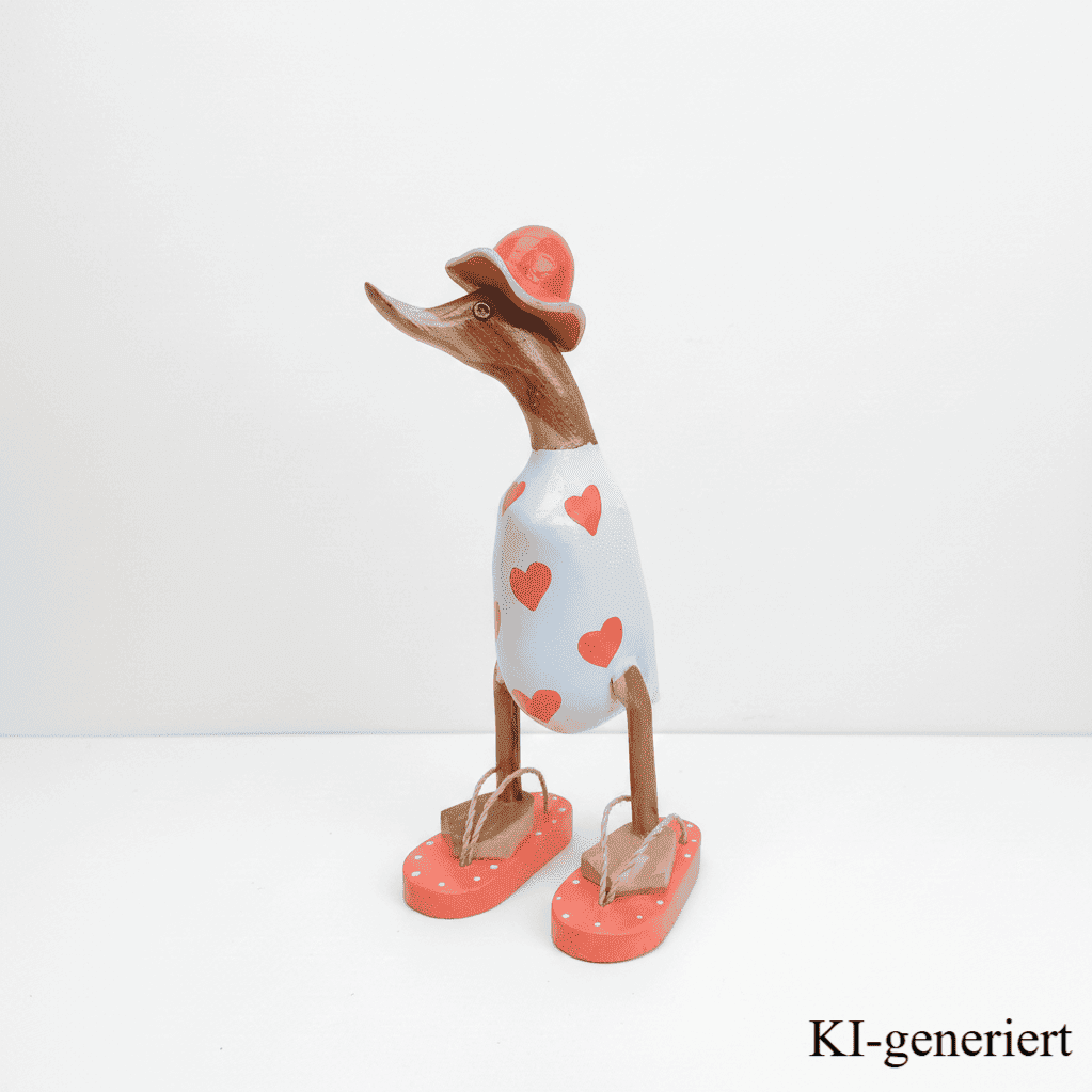 Ente aus Bambus - mit orangen Herzen, orangen Flip Flops und Sonnenhut und einer Höhe von 25 cm. Wunderschöne Deko aus Bambuswurzel. Jedes Teil handgefertigt und ein Unikat. Ein Hingucker für Drinnen und Draußen. 
Ente mit Sonnenhut und Flip Flops in weiß u. orange - Farbe: natur / weiß / orange - Material: Bambus - Maße: Höhe 25 cm. Ursprung: Indonesien. Das Bild ist KI-generiert.