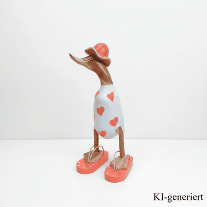 Ente aus Bambus - mit orangen Herzen, orangen Flip Flops und Sonnenhut und einer Höhe von 25 cm. Wunderschöne Deko aus Bambuswurzel. Jedes Teil handgefertigt und ein Unikat. Ein Hingucker für Drinnen und Draußen. 
Ente mit Sonnenhut und Flip Flops in weiß u. orange - Farbe: natur / weiß / orange - Material: Bambus - Maße: Höhe 25 cm. Ursprung: Indonesien. Das Bild ist KI-generiert.