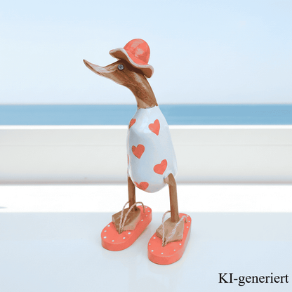 Ente aus Bambus - mit orangen Herzen, orangen Flip Flops und Sonnenhut und einer Höhe von 25 cm. Wunderschöne Deko aus Bambuswurzel. Jedes Teil handgefertigt und ein Unikat. Ein Hingucker für Drinnen und Draußen. 
Ente mit Sonnenhut und Flip Flops in weiß u. orange - Farbe: natur / weiß / orange - Material: Bambus - Maße: Höhe 25 cm. Ursprung: Indonesien. Das Bild ist KI-generiert.