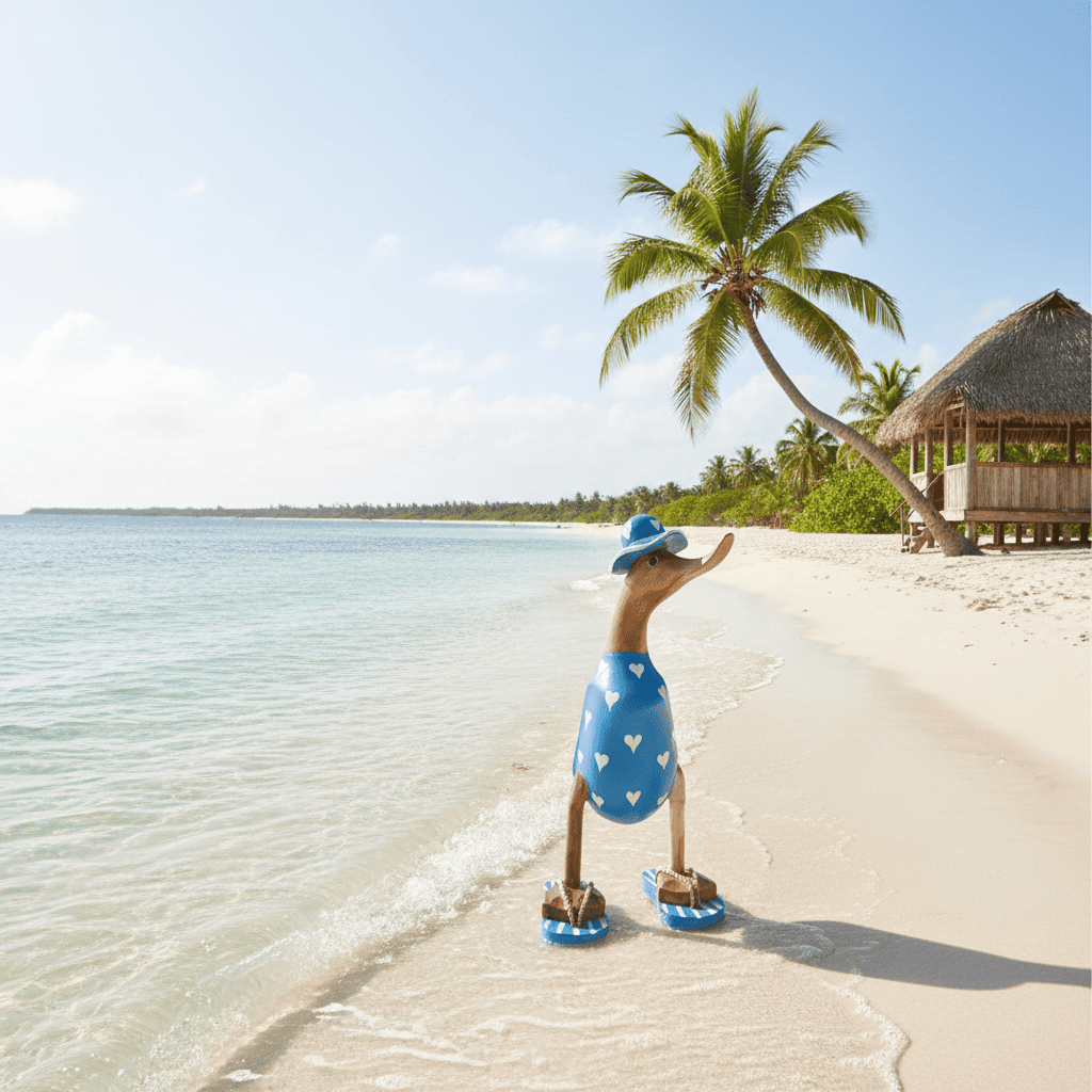 Ente aus Bambus - mit weißen Herzen, blauen Flip Flops und Sonnenhut und einer Höhe von 25 cm. Wunderschöne Deko aus Bambuswurzel. Jedes Teil handgefertigt und ein Unikat. Ein Hingucker für Drinnen und Draußen. 
Ente mit Sonnenhut und Flip Flops in blau mit weißen Herzen - Farbe: natur / blau - Material: Bambus - Maße: Höhe 25 cm