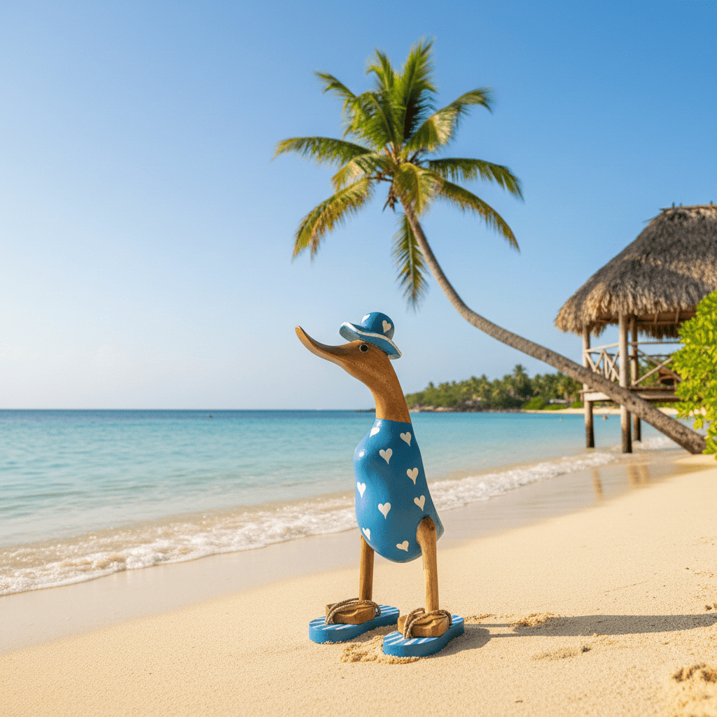 Ente aus Bambus - mit weißen Herzen, blauen Flip Flops und Sonnenhut und einer Höhe von 25 cm. Wunderschöne Deko aus Bambuswurzel. Jedes Teil handgefertigt und ein Unikat. Ein Hingucker für Drinnen und Draußen. 
Ente mit Sonnenhut und Flip Flops in blau mit weißen Herzen - Farbe: natur / blau - Material: Bambus - Maße: Höhe 25 cm