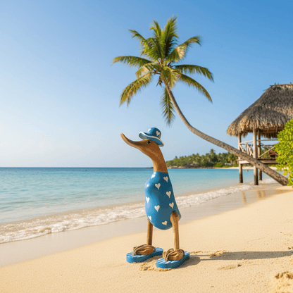 Ente aus Bambus - mit weißen Herzen, blauen Flip Flops und Sonnenhut und einer Höhe von 25 cm. Wunderschöne Deko aus Bambuswurzel. Jedes Teil handgefertigt und ein Unikat. Ein Hingucker für Drinnen und Draußen. 
Ente mit Sonnenhut und Flip Flops in blau mit weißen Herzen - Farbe: natur / blau - Material: Bambus - Maße: Höhe 25 cm