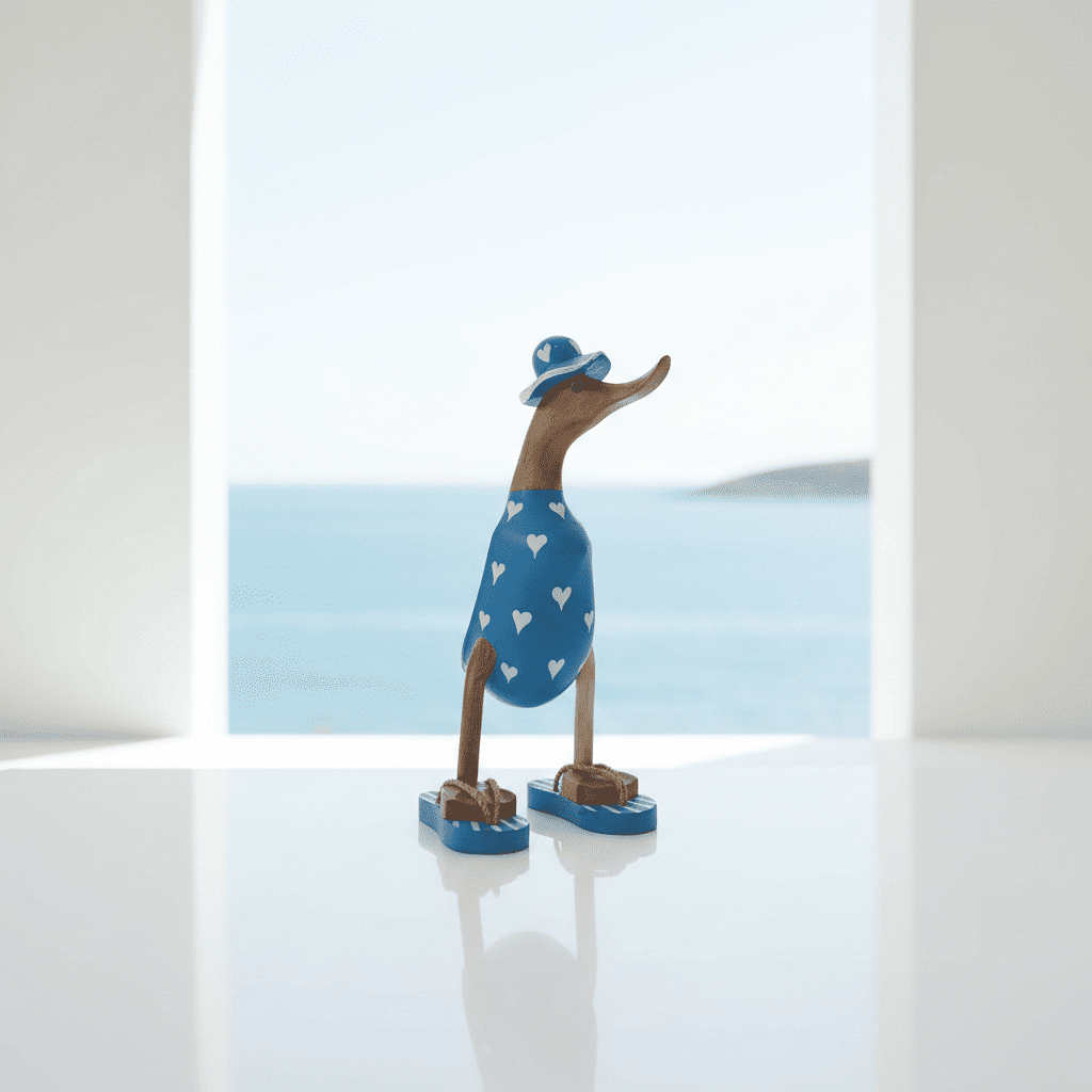 Ente aus Bambus - mit weißen Herzen, blauen Flip Flops und Sonnenhut und einer Höhe von 25 cm. Wunderschöne Deko aus Bambuswurzel. Jedes Teil handgefertigt und ein Unikat. Ein Hingucker für Drinnen und Draußen. 
Ente mit Sonnenhut und Flip Flops in blau mit weißen Herzen - Farbe: natur / blau - Material: Bambus - Maße: Höhe 25 cm

Ursprung: Indonseien