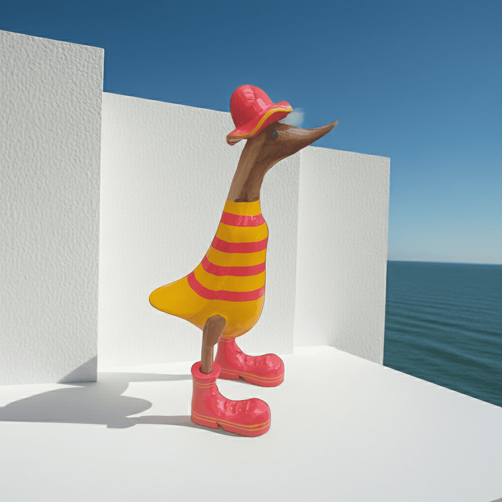 Ente aus Bambus in gelb mit roten Streifen. Der Sonnenhut und die Turnschuh sind rot mit gelben Akzenten - Höhe ca. 25 cm. 
Wunderschöne Deko aus Bambuswurzel. Jedes Teil handgefertigt und ein Unikat. Ein Hingucker für Drinnen und Draußen. 
Ente mit Sonnenhut und Turnschuhen in gelb - rot
Farbe: natur / gelb / rot
Material: Bambus
Maße: Höhe 25 cm
Ursprung: Indonesien
