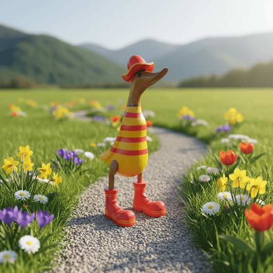 Ente aus Bambus in gelb mit roten Streifen. Der Sonnenhut und die Turnschuh sind rot mit gelben Akzenten - Höhe ca. 25 cm. 
Wunderschöne Deko aus Bambuswurzel. Jedes Teil handgefertigt und ein Unikat. Ein Hingucker für Drinnen und Draußen. 
Ente mit Sonnenhut und Turnschuhen in gelb - rot
Farbe: natur / gelb / rot
Material: Bambus
Maße: Höhe 25 cm
Ursprung: Indonesien