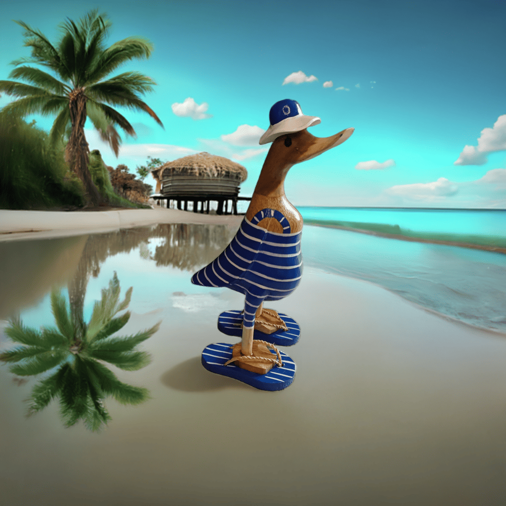 Ente aus Bambus mit Badeanzug, blauen Flip Flops, Sonnenhut und einer Höhe von ca. 25 cm. 
Wunderschöne Deko aus Bambuswurzel. Jedes Teil handgefertigt und ein Unikat. Ein Hingucker für Drinnen und Draußen