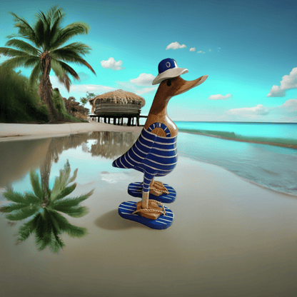 Ente aus Bambus mit Badeanzug, blauen Flip Flops, Sonnenhut und einer Höhe von ca. 25 cm. 
Wunderschöne Deko aus Bambuswurzel. Jedes Teil handgefertigt und ein Unikat. Ein Hingucker für Drinnen und Draußen