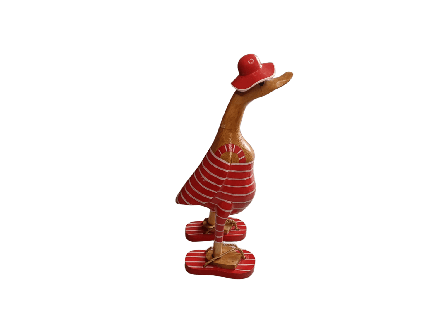 Ente aus Bambus im Badeanzug, roten Flip Flops, Sonnenhut und einer Höhe von ca. 25 cm. 
Wunderschöne Deko aus Bambuswurzel. Jedes Teil handgefertigt und ein Unikat. Ein Hingucker für Drinnen und Draußen