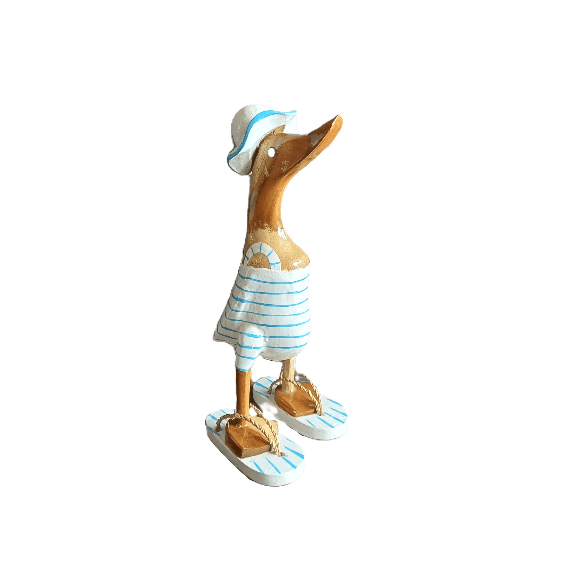 Strandente aus Bambus im weißen Badeanzug mit hellblauen Streifen, Sonnenhut und Flip Flops - Höhe ca. 25 cm. Wunderschöne Deko aus Bambuswurzel. Jedes Teil handgefertigt und ein Unikat. Ein Hingucker für Drinnen und Draußen