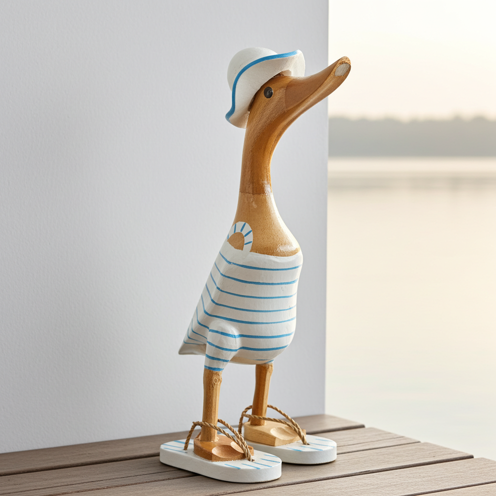 Strandente aus Bambus im weißen Badeanzug mit hellblauen Streifen, Sonnenhut und Flip Flops - Höhe ca. 25 cm. Wunderschöne Deko aus Bambuswurzel. Jedes Teil handgefertigt und ein Unikat. Ein Hingucker für Drinnen und Draußen